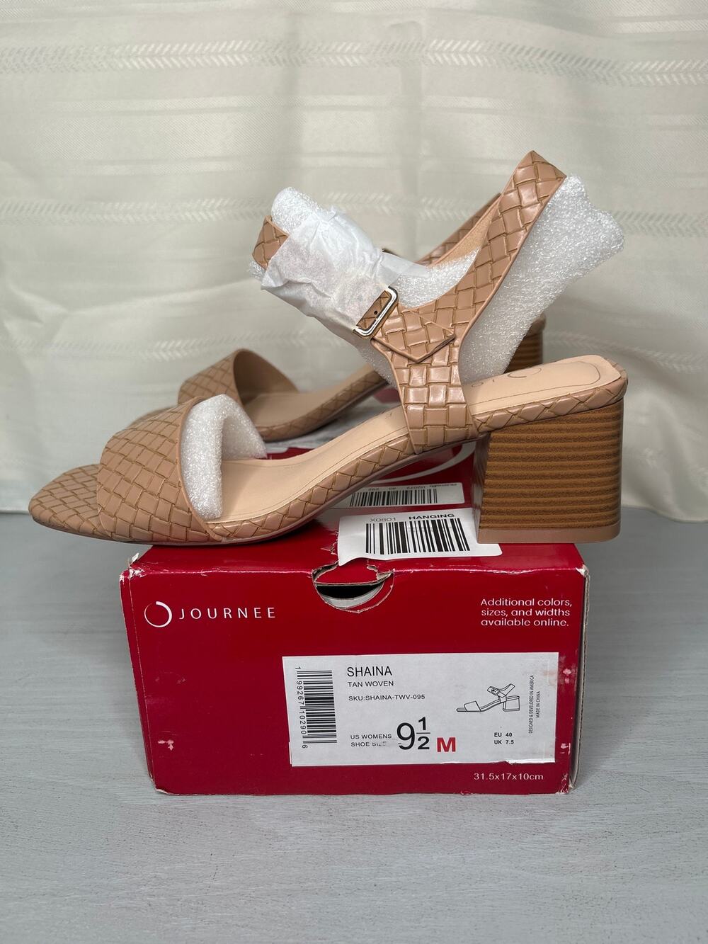 Journee Collection Shaina Block Heel Ankle Strap Sandals Tan Woven 9.5M